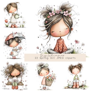 Puede incluir: Conjunto de imágenes prediseñadas de acuarela con seis ilustraciones de chicas lindas en entornos primaverales. Las chicas están representadas con flores, regaderas y paraguas. Se incluye el texto "DigiWhimsies 22 Spring Girl JPEG cliparts".