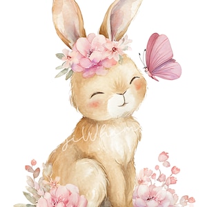 May include: Watercolor illustration of a smiling bunny with a floral crown and a pink butterfly. The bunny is light brown with pink accents, surrounded by pink flowers and greenery. The artwork has a soft, whimsical feel.