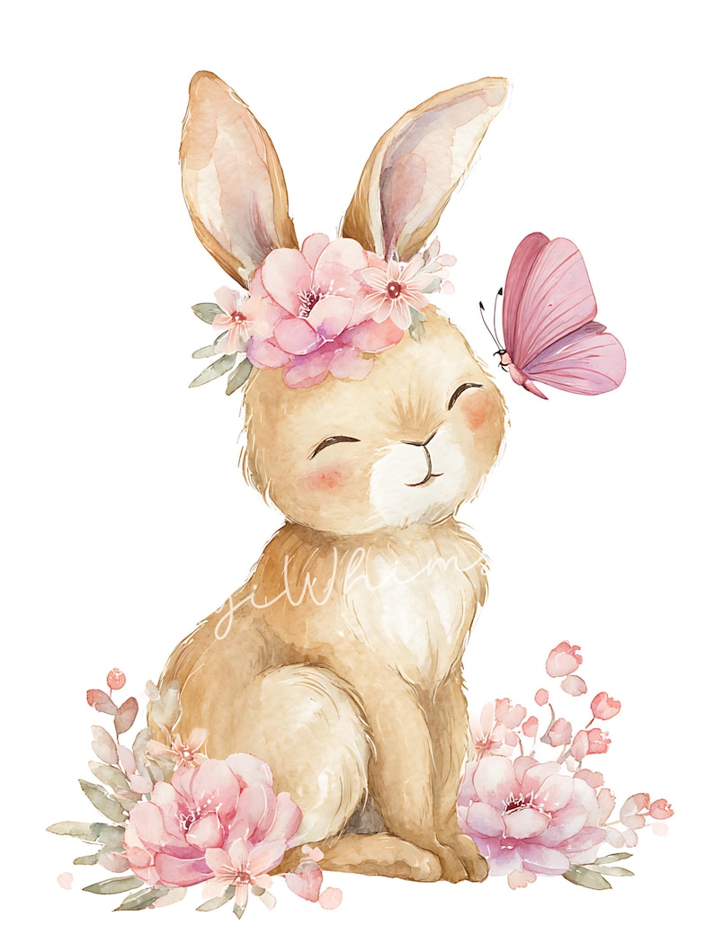 May include: Watercolor illustration of a smiling bunny with a floral crown and a pink butterfly. The bunny is light brown with pink accents, surrounded by pink flowers and greenery. The artwork has a soft, whimsical feel.