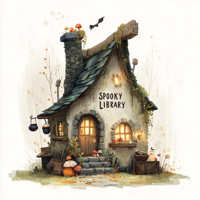 May include: A whimsical illustration of a cottage with a stone chimney and a green-tiled roof. The words "Spooky Library" are above the wooden door. The scene includes mushrooms, a bat, and hanging cauldrons, evoking a Halloween theme.