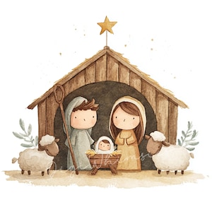 Puede incluir: Ilustración en acuarela de un belén. La imagen presenta un establo de madera con María, José y el niño Jesús en un pesebre. También hay dos ovejas y una estrella. La paleta de colores incluye marrones, beiges y verdes suaves.