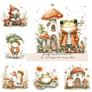 Cottagecore frog clipart with whimsical watercolor toads in forest scenes, storybook woodland animals for nursery art, scrapbooking, junk journals, planner stickers, invitations, forest aesthetic, nature clipart, cute frog PNG JPG set