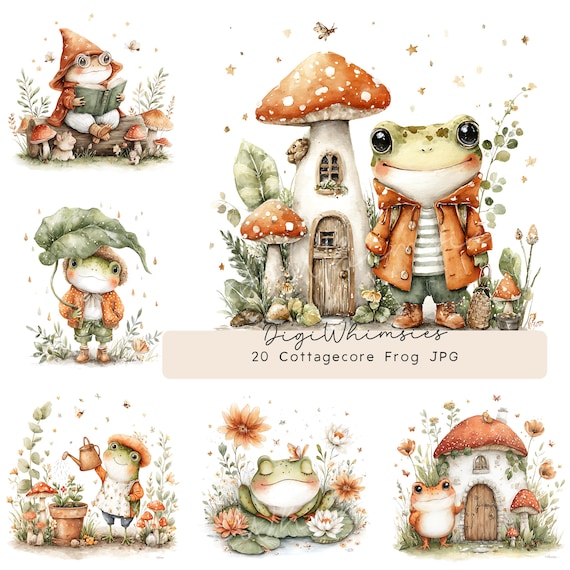 Cottagecore Frog Clipart Whimsical Story Book Toad Watercolor Forest Nursery Art (20 JPGs Digital Download)