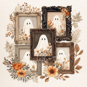 May include: A watercolor illustration featuring five framed portraits of ghosts. Each ghost is draped in a white sheet with black eyes, surrounded by autumn-colored flowers and foliage. The frames are ornate, in shades of brown and gold.