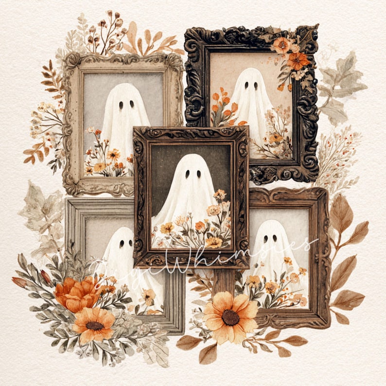 May include: A watercolor illustration featuring five framed portraits of ghosts. Each ghost is draped in a white sheet with black eyes, surrounded by autumn-colored flowers and foliage. The frames are ornate, in shades of brown and gold.