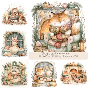 Imágenes prediseñadas de animales tejiendo en invierno, estilo navideño acogedor, con acuarelas, para cuentos de hadas (descarga digital).