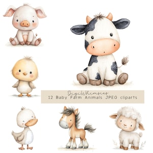 Puede incluir: Ilustraciones en acuarela de seis animales de granja bebés: un cerdo, una vaca, un pollito, un pato, un caballo y un cordero. Los animales están representados en un estilo de dibujos animados lindo con colores suaves. El texto en la parte inferior dice "12 Baby Farm Animals JPEG cliparts."