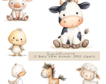 12 Baby Farm Animals Stand alone Clipart Barn Nursery Baby Watercolor JPGs