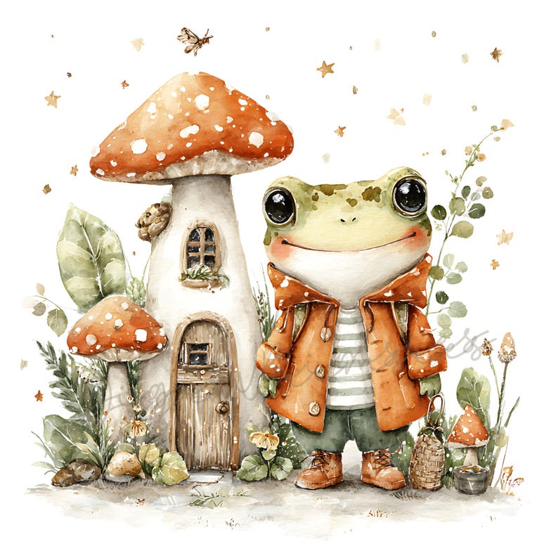 May include: Watercolor illustration of a friendly frog in a brown coat and striped shirt, standing next to a mushroom house. The scene includes other mushrooms, plants, and a butterfly, all in soft, earthy tones.