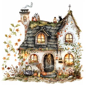 May include: Watercolor illustration of a whimsical cottage with a stone roof, glowing windows, and a black cat on the roof. The cottage is adorned with flowers, pumpkins, and a smoking chimney, creating a cozy, autumnal scene.
