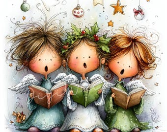 12 Quirky Singing Angel Christmas Clipart: Whimsical Angel Choir Reading Holiday Musical Ephemera, Card Making (JPG Digital Download)