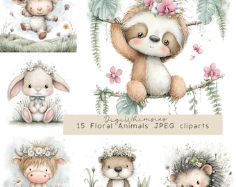 15 Spring Baby Animals Clipart, Nursery Art, Woodland Creatures, Boho Floral JPGs