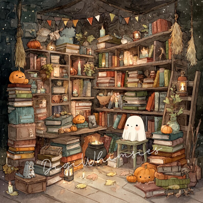 May include: Watercolor illustration of a cozy library decorated for Halloween. Bookshelves are filled with books, pumpkins, candles, and a friendly ghost. A banner of pennants hangs above, and the text "DigiWhimsies" is visible.