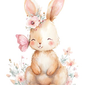 May include: Watercolor illustration of a bunny with a floral crown and a pink butterfly. The bunny is light brown with pink accents on its ears and cheeks. Soft pink flowers and green leaves surround the bunny. The word "Whim" is written on the bunny.