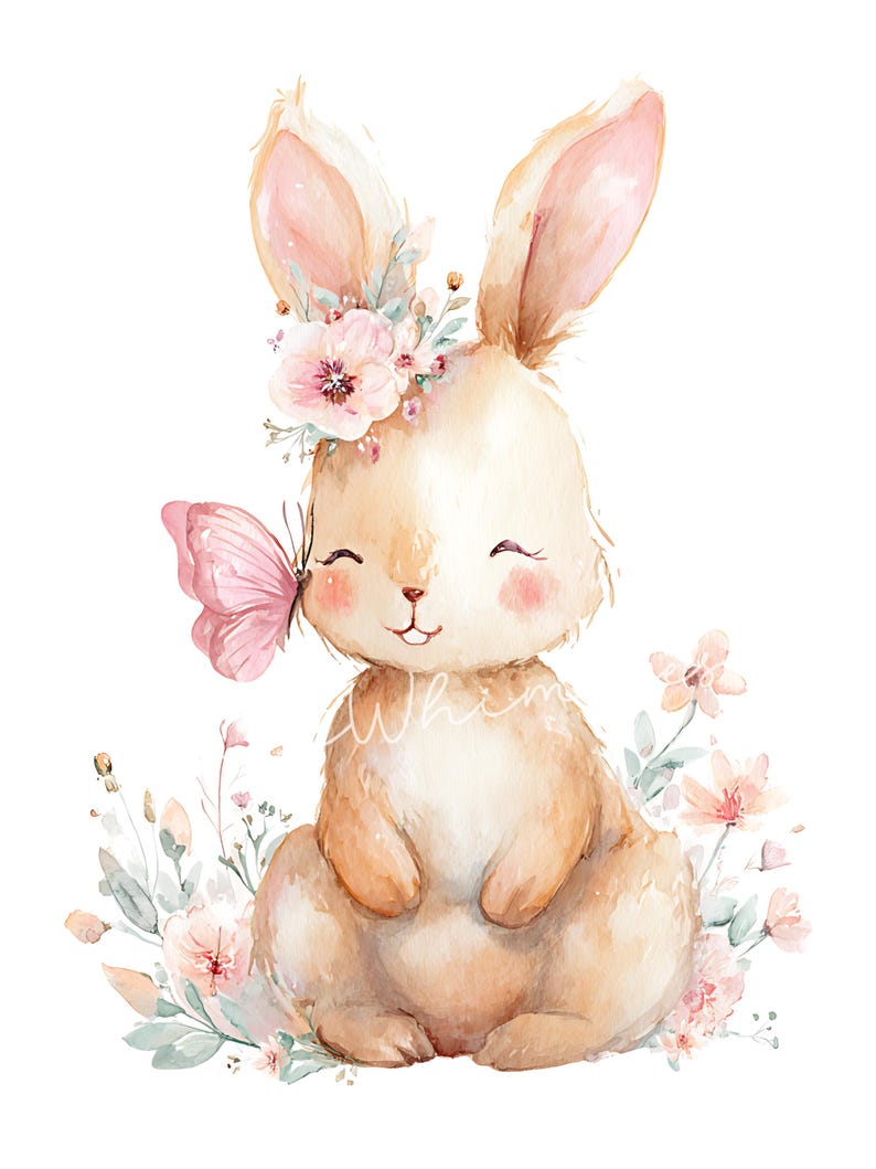 May include: Watercolor illustration of a bunny with a floral crown and a pink butterfly. The bunny is light brown with pink accents on its ears and cheeks. Soft pink flowers and green leaves surround the bunny. The word "Whim" is written on the bunny.