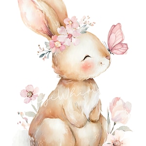 Bunny and butterfly watercolor clipart featuring a flower baby rabbit with soft spring florals. Gentle nursery-style illustrations perfect for wall art, card making, junk journaling, ephemera, scrapbooking, and whimsical spring-themed designs.
