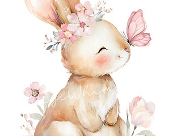 Watercolor Bunny Clipart | Baby Rabbit, Butterfly, Flowers (JPG Digital Download)