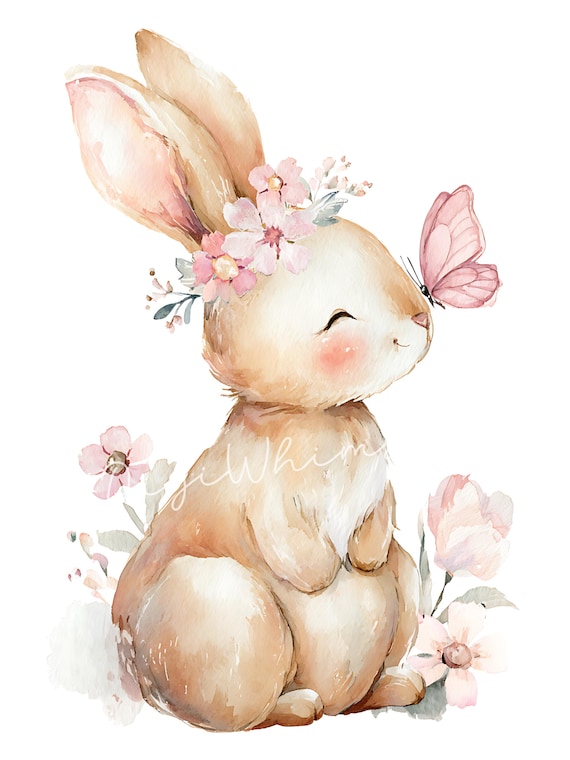 Watercolor Bunny Clipart | Baby Rabbit, Butterfly, Flowers (JPG Digital Download)