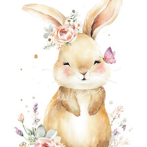 May include: Watercolor illustration of a smiling bunny with a floral crown and a butterfly. The bunny is light brown with pink cheeks and is surrounded by flowers in shades of pink, lavender, and green. The word "Whims" is written on the bunny's body.