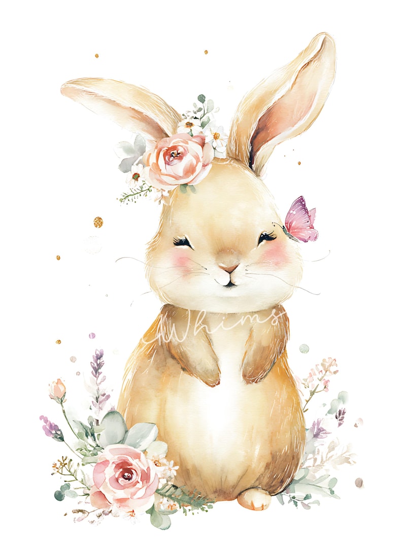 May include: Watercolor illustration of a smiling bunny with a floral crown and a butterfly. The bunny is light brown with pink cheeks and is surrounded by flowers in shades of pink, lavender, and green. The word "Whims" is written on the bunny's body.