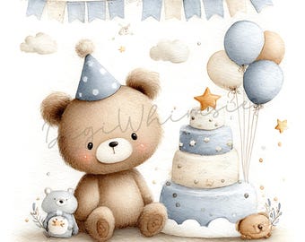 May include: Watercolor illustration of a teddy bear wearing a blue party hat, sitting next to a three-tiered cake and balloons. A small gray bear and a small teddy bear are also present. The background includes a banner and clouds.