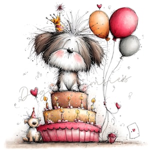 Può includere: Un'illustrazione stravagante di un cane con una corona, appollaiato su una torta di compleanno a tre piani con candele accese. Palloncini arancioni, rossi e grigi fluttuano nelle vicinanze. Un piccolo orsacchiotto con un cappello da festa e un cupcake completano la scena festosa.