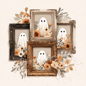 May include: Watercolor illustration of four framed ghosts surrounded by flowers and foliage. Each ghost is draped in a white sheet with black dot eyes. The frames are ornate, in shades of gold, brown, and black.
