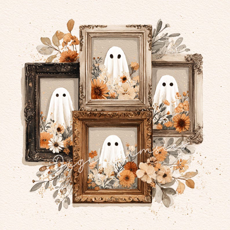 May include: Watercolor illustration of four framed ghosts surrounded by flowers and foliage. Each ghost is draped in a white sheet with black dot eyes. The frames are ornate, in shades of gold, brown, and black.