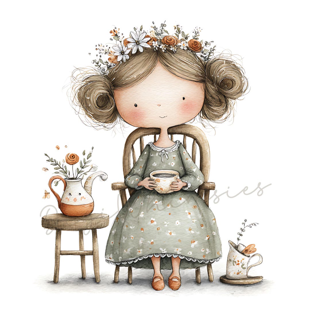Watercolor Tea Party Girl Clipart: Spring Picnic Illustrations 20 JPG ...