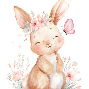 May include: Watercolor illustration of a smiling bunny with a floral crown and a pink butterfly. The bunny is light brown with pink cheeks and is surrounded by pink flowers and greenery. The image has a soft, whimsical feel.