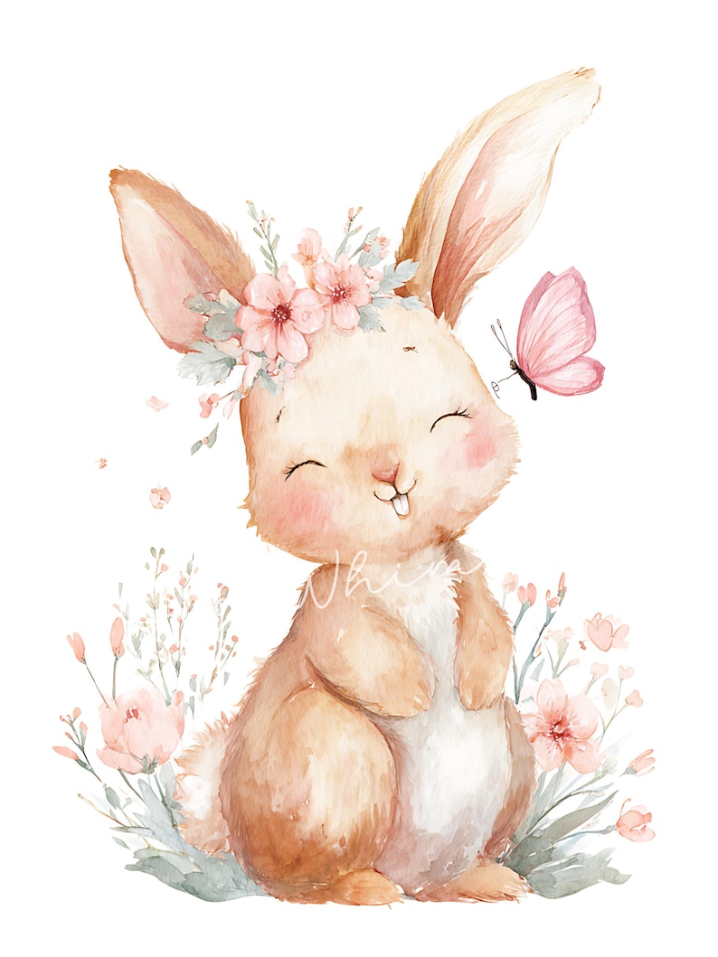 May include: Watercolor illustration of a smiling bunny with a floral crown and a pink butterfly. The bunny is light brown with pink cheeks and is surrounded by pink flowers and greenery. The image has a soft, whimsical feel.