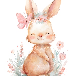 May include: Watercolor illustration of a smiling bunny with a pink butterfly and floral crown. The bunny is light brown with pink cheeks and is surrounded by pink and green watercolor flowers and foliage. The word "Whim" is written on the bunny's body.