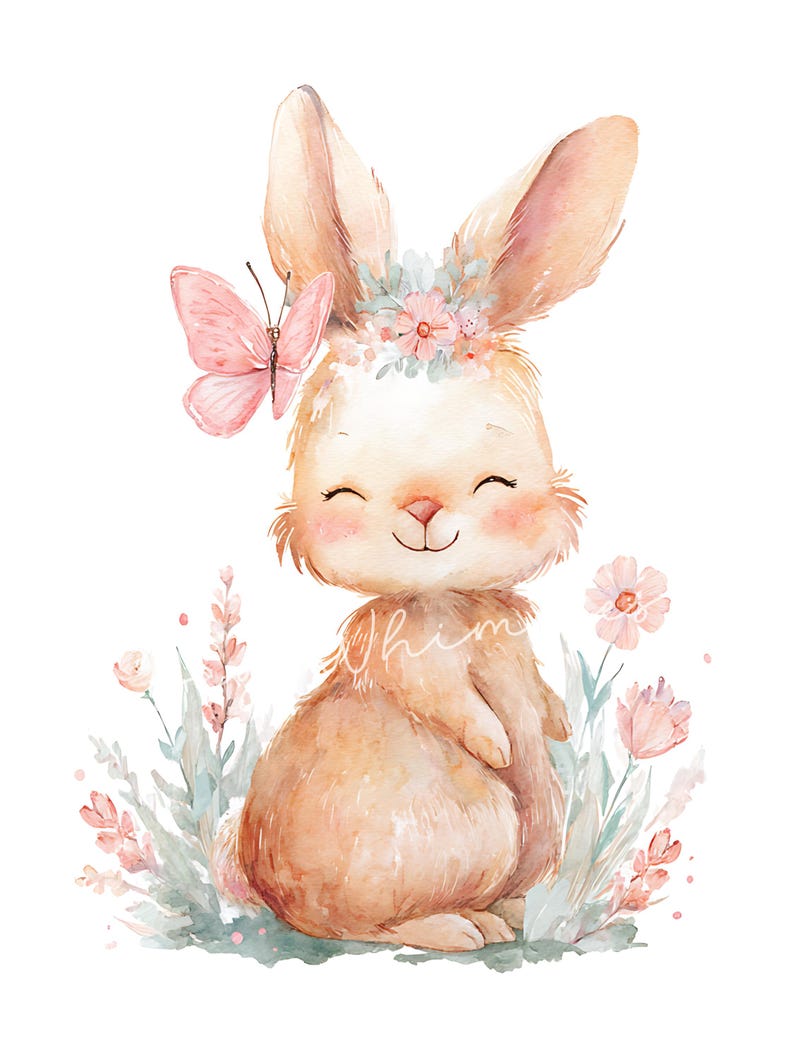 May include: Watercolor illustration of a smiling bunny with a pink butterfly and floral crown. The bunny is light brown with pink cheeks and is surrounded by pink and green watercolor flowers and foliage. The word "Whim" is written on the bunny's body.