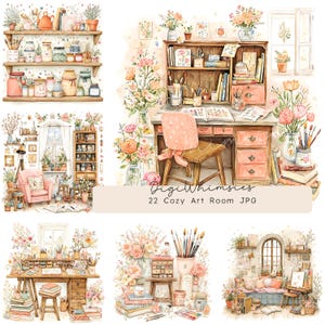 Puede incluir: Ilustraciones en acuarela de acogedoras salas de arte, con escritorios, estanterías y sillones, todas decoradas con flores, materiales de arte y decoración vintage. La paleta de colores es suave, con rosas, melocotones y verdes. El texto de la imagen dice "22 Cozy Art Room JPG."