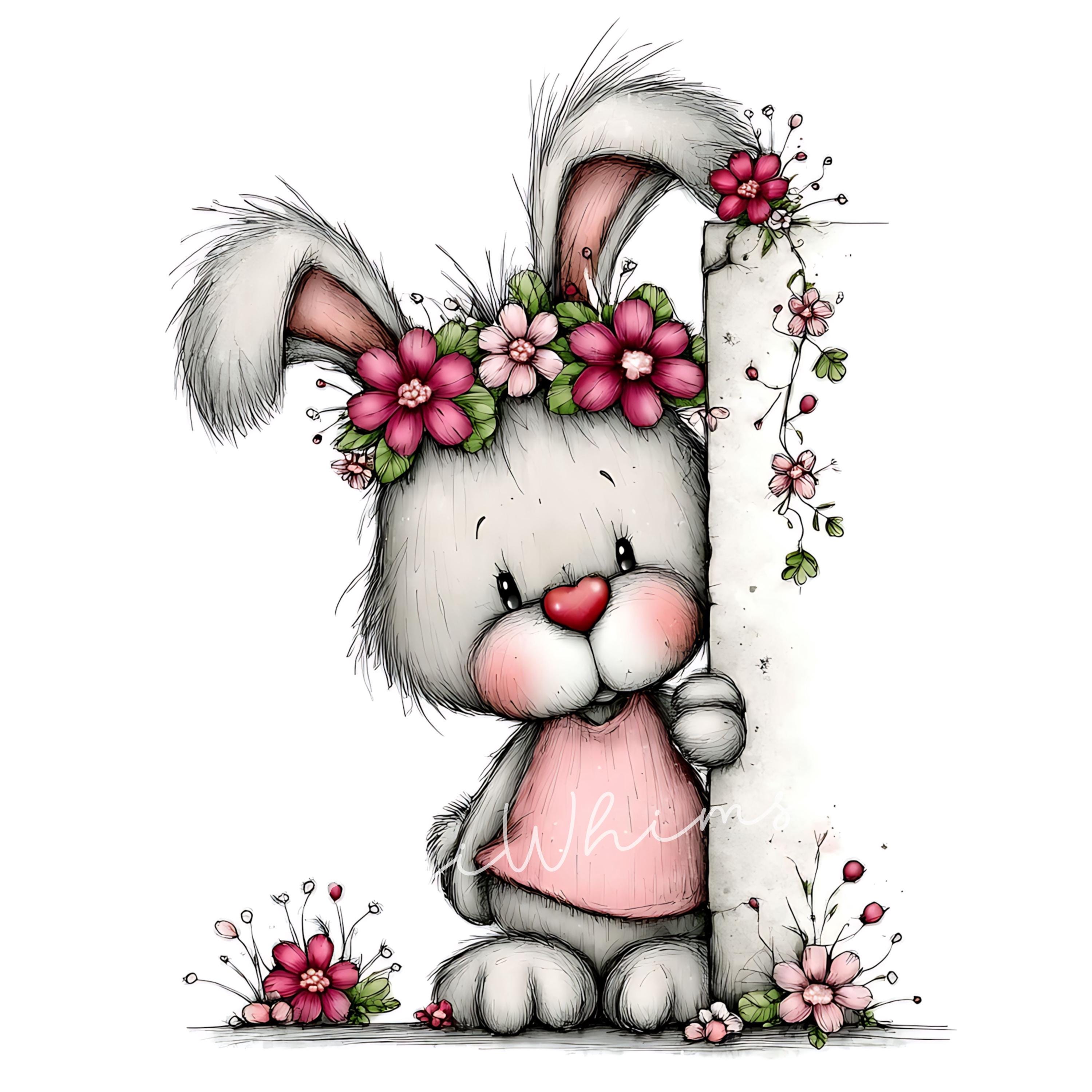 20 Peeking Quirky Bunny Clipart: Spring Flower Peeping Rabbit Graphics ...