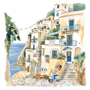 Amalfi Coast Clipart: Italian Summer Watercolor Designs (JPG Digital Download)