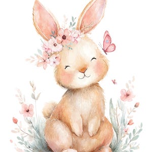 May include: Watercolor illustration of a smiling bunny with a floral crown and a pink butterfly. The bunny is light brown with pink accents, surrounded by soft green and pink floral elements, set against a white background.