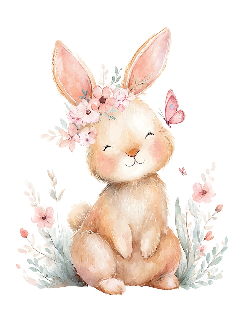May include: Watercolor illustration of a smiling bunny with a floral crown and a pink butterfly. The bunny is light brown with pink accents, surrounded by soft green and pink floral elements, set against a white background.