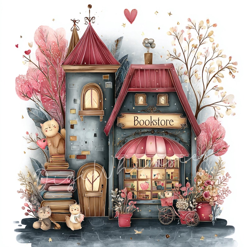 12 Whimsical Bookshop Clipart: Bookstore Junk Journal Graphics, Bookish ...