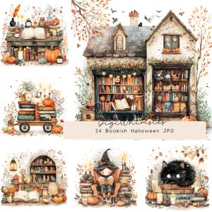 May include: A collection of watercolor illustrations featuring a bookstore, stacks of books, pumpkins, candles, and a black cat. The text reads DigiWhimsies 24 Bookish Halloween JPG. These images depict autumn-themed scenes with foliage and cozy decor.