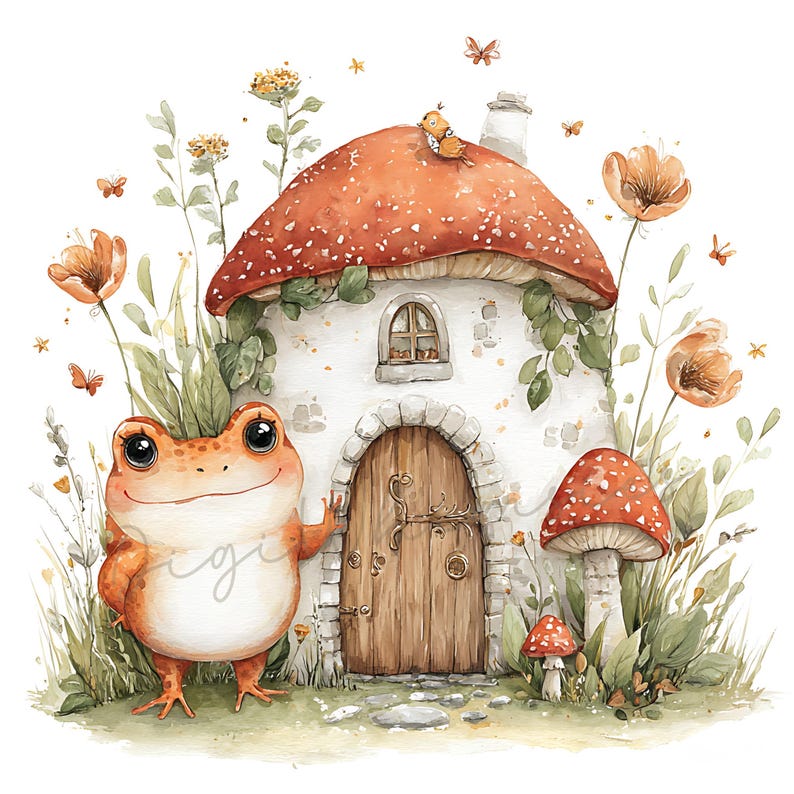 May include: Watercolor illustration of a whimsical mushroom house with a red and white spotted cap. A friendly orange frog stands beside the wooden door. The scene includes flowers, butterflies, and smaller mushrooms, creating a fairy tale aesthetic.
