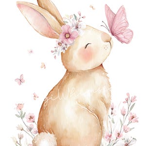 May include: Watercolor illustration of a bunny with a floral crown and a pink butterfly. The bunny is light brown with pink accents and is surrounded by pink flowers and butterflies on a white background.
