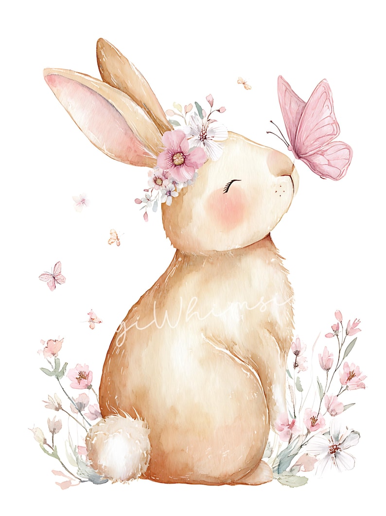 May include: Watercolor illustration of a bunny with a floral crown and a pink butterfly. The bunny is light brown with pink accents and is surrounded by pink flowers and butterflies on a white background.