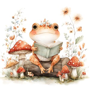 May include: Watercolor illustration of a frog reading a book while sitting on a log. The frog is surrounded by mushrooms and flowers. The frog is orange and white with a floral crown. The mushrooms are red and white.