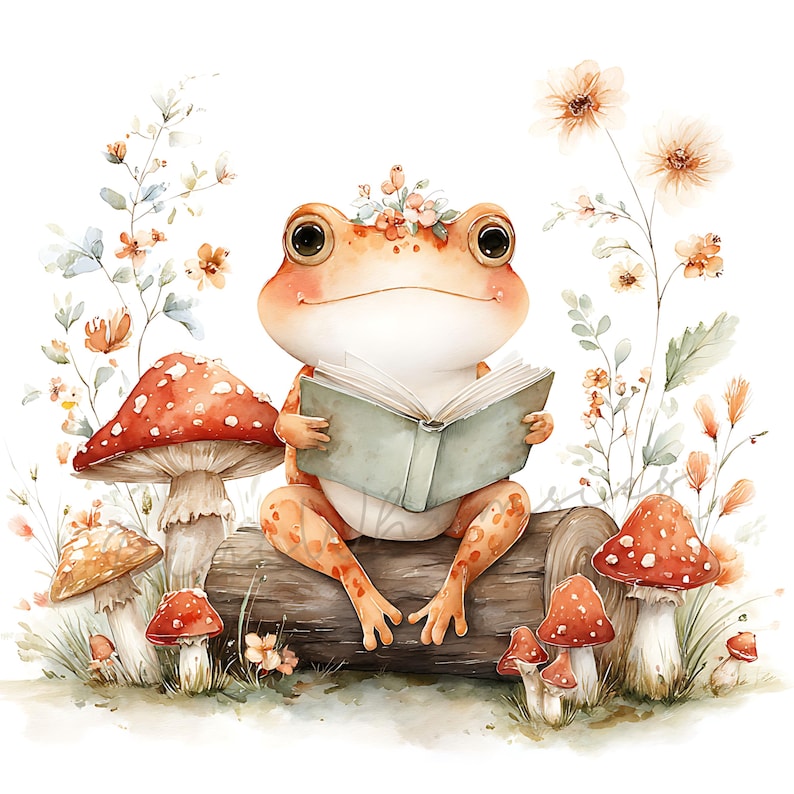 May include: Watercolor illustration of a frog reading a book while sitting on a log. The frog is surrounded by mushrooms and flowers. The frog is orange and white with a floral crown. The mushrooms are red and white.