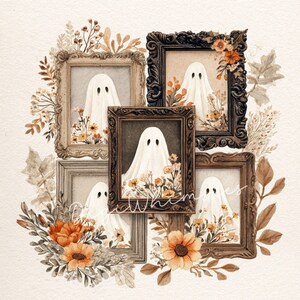 May include: Watercolor artwork featuring five framed ghosts with floral arrangements. Each ghost is draped in a white sheet with black dot eyes. The frames are various shades of brown, and the flowers are orange and yellow.