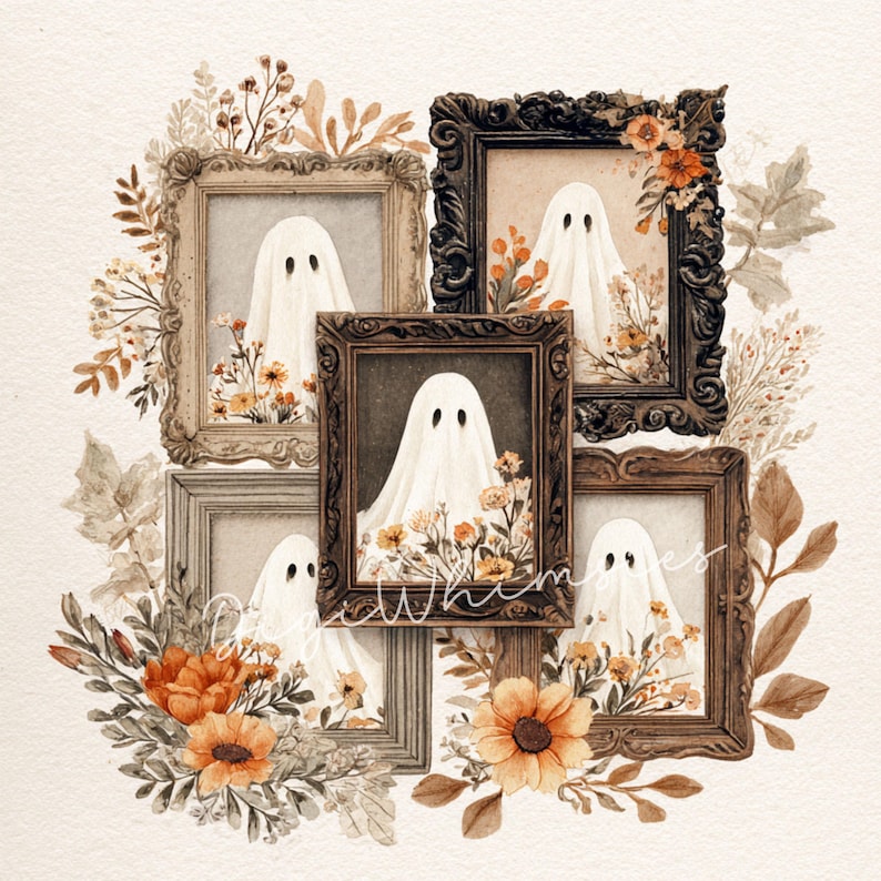 May include: Watercolor artwork featuring five framed ghosts with floral arrangements. Each ghost is draped in a white sheet with black dot eyes. The frames are various shades of brown, and the flowers are orange and yellow.