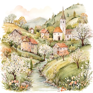 May include: Watercolor painting of a quaint village nestled in a valley. The scene features houses with red tile roofs, a church with a tall steeple, and a flowing stream. Lush green hills and blossoming trees frame the village.