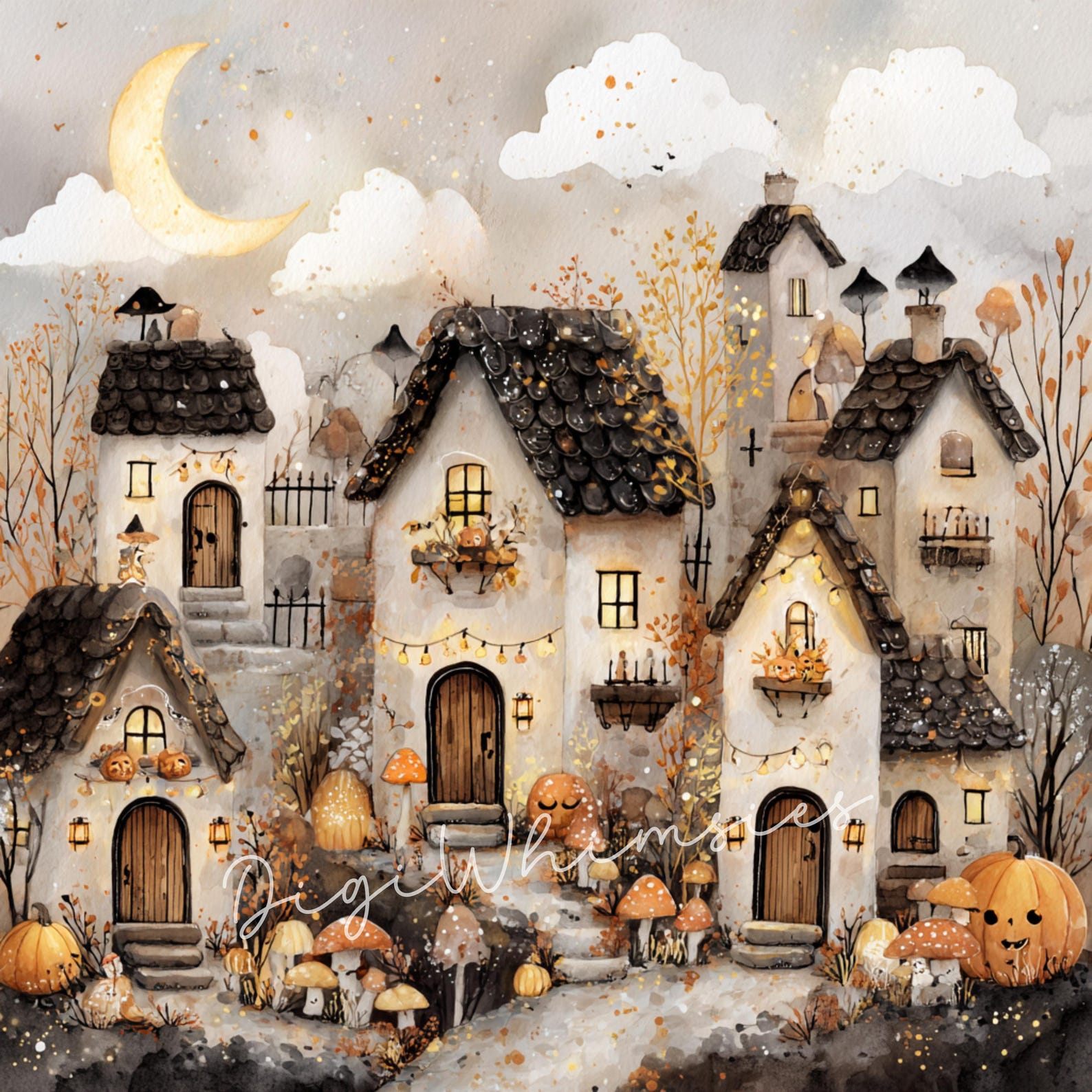 12 Watercolor Halloween Houses Clipart: Spooky Village Illustrations ...