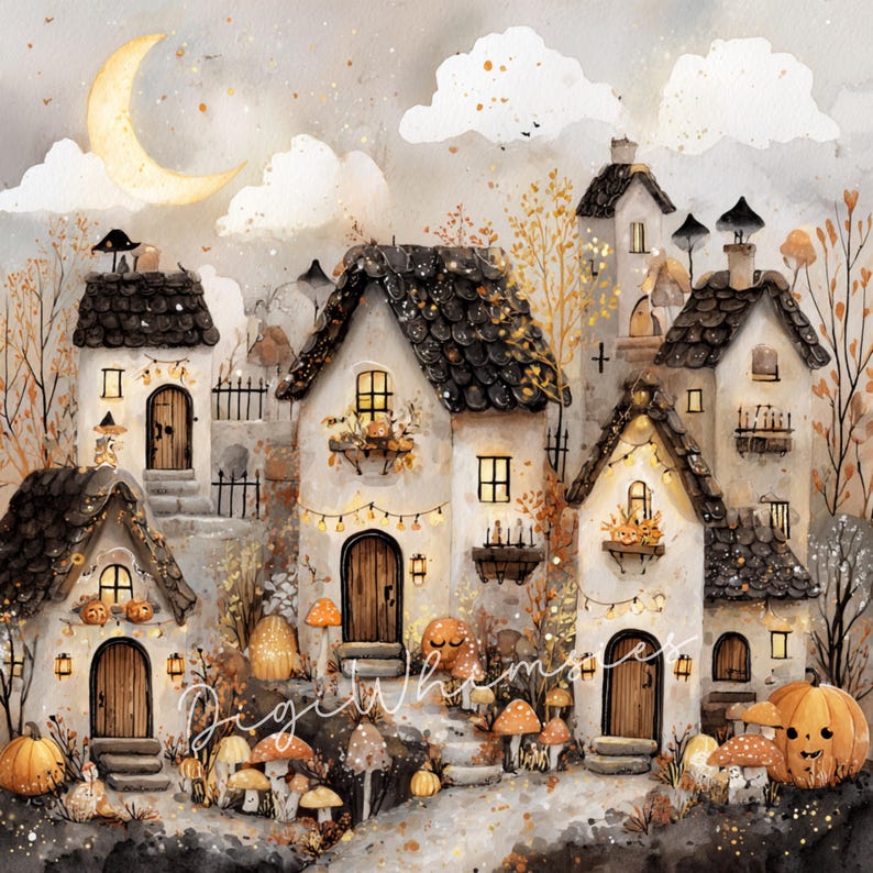12 Watercolor Halloween Houses Clipart: Spooky Village Illustrations ...
